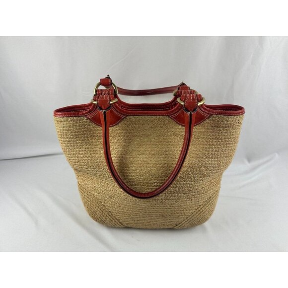 COACH Bleecker NATURAL STRAW VERMILLION RED LG LEATHER FLORAL Tote Bag 2008 EUC - Picture 2 of 12